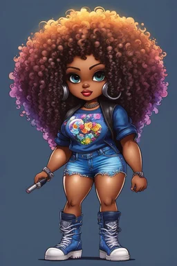 create an pshchedelic art illustration of a chibi cartoon voluptuous black female wearing a blue jean outfit with a tie dye tshirt with biker boots. Prominent make up with hazel eyes. Extremely highly detail of a tight curly black and shiny afro. Background of a bike show