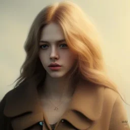 Female, long blond hair, make up, high lights, rusted, diffuse lighting,polished, intricate,highly detailed, illustration, clouds, foggy