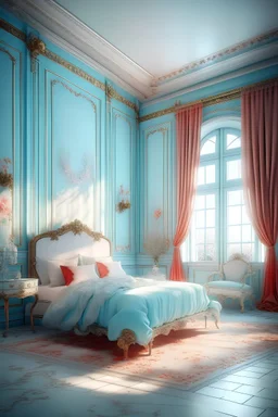 dreamy vintage-inspired bedroom with elegant rococo furniture and muted pastels. Enhance the ambiance with subtle sky blue and light crimson accents. The focal point is a wall with "The Swing", painting by Jean-Honoré Fragonard. Cinematic lighting, octane rendering, 8k, ultra high definition, unreal engine, hyperrealism.