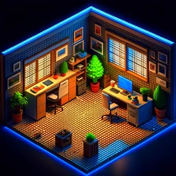 Detailed isometric designer's office, ((transparent background)), pixel art, unreal engine voxel render, untra detailed, NFT style, artstation winner, videogame hyperreal render, straight lines, orthographic projection, particle effects, 2.2 gama, sony a7r7, Tamron 10-24mm f/3.5-4.5, ISO 3200, extremely detailed, 8k texture