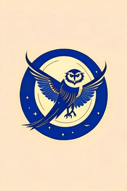 A brand logo with one owl flying with the moon behind. Minimalist and stylized