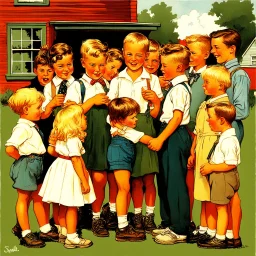 Nostalgic images with Norman Rockwell illustration style. Depicting of American kids mingling with Swedish kids. I love their funny expression.