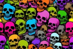 a field of 1000s of cartoonish, anatomically correct, skulls, vivid RANDOM BRIGHT neon colors, dark comedy, well lit, high detail, photorealistic, horrorcore, fun, scary, none featured, each a different color or hue,