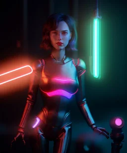 Ultra realistic photographic night portrait, cinematic, happy <pinup woman> in garage <droid friend>, hot, retro futuristic dress style, neon lights, color fog, soft color, highly detailed, unreal engine 5, ray tracing, RTX, lumen lighting, ultra detail, volumetric lighting, high definition.