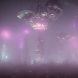 ALIENS FLOATING, MAGIC BUILDING, FOGGY NIGHT, GLOWING, PURPLE, TOWERS, 4K, 8K, CINEMATIC