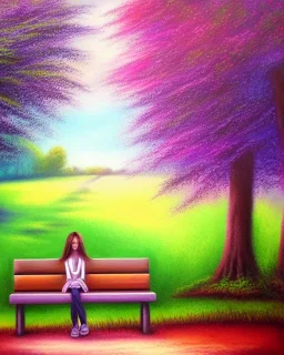 park mystical dream, park bench, man, woman, child, dog, trees, path, bird, sunshine, mystical, fantasy, romanticism, pastel colors, daylight, daytime, acrylic painting, detailed,