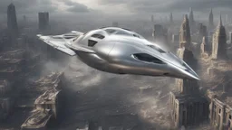 a photorealistic silver spaceship shaped like a sleek car flying over a ruined city