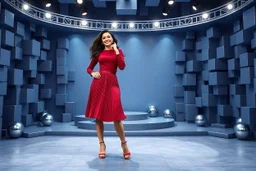 a pretty stage made of metallic blue-gray theme 3d recursive cubic and sphere base structures and a beautiful fashion model lady posing with joy and cute ,with dark red top and pretty pleated midi skirt ,makeup curvy long hair,dynamic camera zoom to full body and pan, dynamic lights.