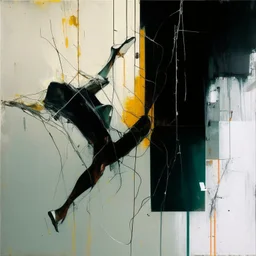 Minimal abstract oil painting of a falling person limbs sinew. Amongst concrete fragments brutalist architecture and hanging wires illuminated at night. In the style of Justin Mortimer and Phil Hale and Ashley Wood