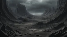 an apocalyptic flat landscape covered in dark gray dust. dragonbones. a massive crater. coast of ocean. dark grey mist. seen from the ground. fantasy, h.r. giger. horror. no trees. no fire. no glow. cinematic lighting, hyperrealistic, splash art, concept art, mid shot, intricately detailed, color depth, dramatic, 2/3 face angle, side light, colorful background