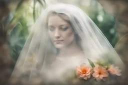 wedding, veil, flowers, blur 5%, double exposure, merged layers, in the first part (near to us) of the picture you can see a plain sandblown smoked glass, engraved with a folk art pattern, the glass is cracked in several places, in some places the glass is broken, crumpled burlap, through it you can see a tropical rainforest with a waterfall, mist, tooth, sunrise