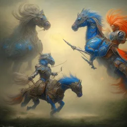 angry stallion in Blue and orange battle armor, bucking, a highly detailed illustration, background of Inka jungle, realistic render, 8 k, micro detail, intricate, elegant, centered, digital painting, Artstation, smooth, sharp focus, illustration, artgerm, tomasz alen kopera, peter mohrbacher, donato giancola, joseph christian leyendecker, wlop, boris vallejo