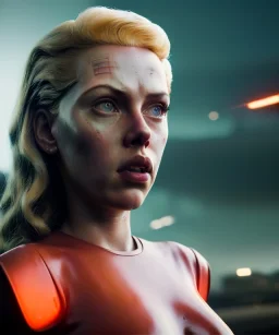 retro sci-fi portrait image from 1980, supermarket parking explosion, fire, scared people, blonde woman walking, young Scarlett Johansson face, tight latex suit, soft color, highly detailed, unreal engine 5, ray tracing, RTX, lumen lighting, ultra detail, volumetric lighting, 3d, finely drawn, high definition, high resolution.