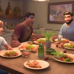 A man with his family at the dining table eating an extremely healthy meal of fresh Whole Foods