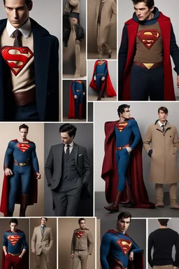 Men's DC Fashion runway Winter outfits inspired by Superman's Emblem design beige tones, clothing takes the form of Superman's emblem