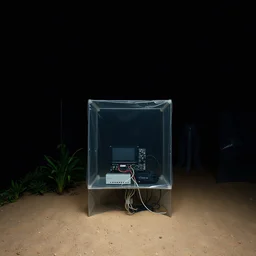 A photo of a dark, closed environment in a dark closed space. In the background there is a forest. At the center, a transparent structure made of plastic encloses some electronical devices. Plants, clouds. The surface below appears to be sandy, with small accumulations of sand. In the background, other forms or structures are visible, some of which are thin and transparent. The photo was taken with a Hasselblad H6D 400c camera.