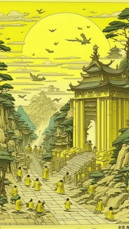 A light yellow heavenly ruins with angels painted by Utagawa Hiroshige