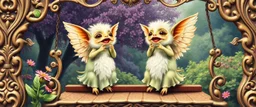 transcendent sacred geometry embroidered patterns, two totally symmetric fluffy angel gremlin slug nice cheerleader singing on ornate carved bridge in garden , full body portrait T-pose strong aura, oil painting and air brush, in swing