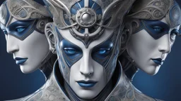 a pale scandinavian man in a swirl of three patterns, in the style of cybernetic sci-fi, intricately sculpted, serene face, futuristic victorian, exquisite realism, dark white and blue, fantasy art, perfect face, perfect eyes, perfect nose, show chest