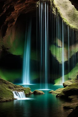 A cave with covered with waterfalls