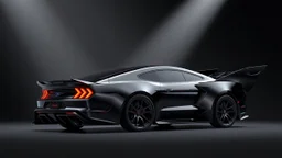 batmobile concept made from a black 2025 ford mustang dark horse with a large elaborate spoiler and rear fender fins in a batwing style