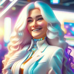 (masterpiece, best quality, 8k, RAW photo, beautiful and aesthetic:1.2), complex detail, Indirect light, photorealistic, (((full body))), Cosmic Baby corp boss style smiling, Long clear curvy hair, colorfull Sci-Fi environment