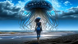 Wide-angle shot of a woman, standing to one side on a beach with huge waves, with dark hair in a silver robotic catsuit, many large blue jellyfish shaped like mushrooms with tentacles floating high up in the air, masterpiece, best quality, super detailed