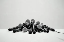 A pile of microphones in an empty white room