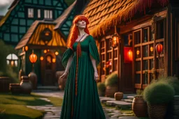 Full body shot of a tall slim pretty, red-headed young female witch, casting magical glowing symbols into the air, dressed in a long flowing green dress, standing in front of a row of cottages and shops with thatched roofs