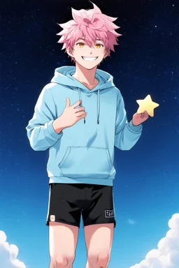 An androgynous young man with tousled pink hair and golden eyes floating among the stars wearing a light blue hoodie and black board shorts. He is smiling softly and holding a star in one hand.