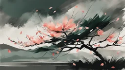 a garden before imminent storm, strong wind, a peach tree blossom petals blown in the wind, minimal acrylic and ink, tint leak, dark grey and dull green and peach blossom colors, harsh contrasts, windy dynamics