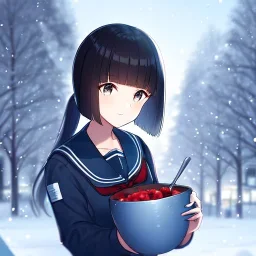 Clear Focus, High resolution, a girl in the snow, wearing a sailor uniform, bowl cut and a long ponytail