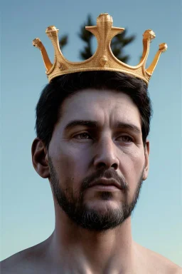 Ultra Realistic image, classic sculpture, white marble material, young Maradona, gold crown of natural thorns, god crown, gold veins, gold ornaments, Renaissance style, sun rays background, waist up portrait, epic, celestial, cinematic lighting, God lights, 4k resolution, smooth details, soft lighting, unreal engine 5, art station, substance 3d.