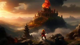 High quality medium shot of Mario on a hill, fantasy, epic, landscape, fire, ruins, dragon, demons, buff, backshot