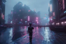 3D, beautiful, light reflecting, empty future city at night, rainy night, neon, cyberpunk, tron, person with helmet walking, 8k, finely detailed, photo realistic