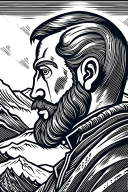 Linocut or woodcut of male polar explorer with beard in profile. Background: Svalbard mountains, in the arctic,