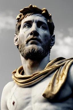 Realistic image, Roman sculpture made in white marble with gold veins, Lionel messi with gold laurel leaves crown, two blue brushes, decorative star on the chest, waist up portrait, marble material, gold ornaments, Baroque style, sun rays background, epic, celestial, cinematic lighting, God lights, 4k resolution, smooth details, soft lighting, unreal engine 5, art station, substance 3d.