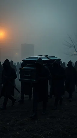 A group of hooded men wearing all black in funeral at sunset marching carrying a casket of a dead Man in a foggy night at the crave yard