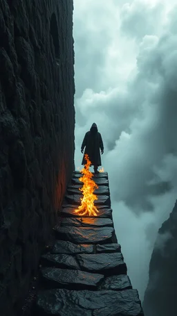 Fire under narrow black stone path above the ground gradually getting higher into the clouds no railings,a scary hooded man standing in the top