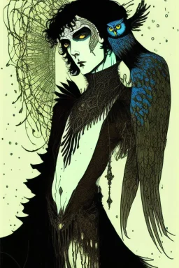 Black haired, owl-man, Skinny, in the style of Harry Clarke