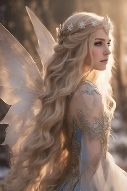 Elven princess,elven crown,long white blonde golden hair,rapunzel hair,ice flowers,beautiful,light blue,dark blue,golden armor,sparkle,glitter,ice flowers,snow,elven ears,dark fairy princess