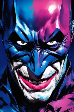 Poster in two gradations, split in half, one side "batman", other side "joker", midline of the face, painting by Yoji Shinkawa, dark blue and pink detailed iridescent, metallic, translucent, dramatic lighting, hyper futuristic, digital art,