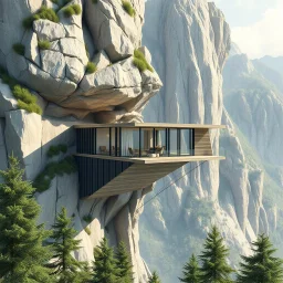 Architectural drawing of spectacular views of a modern house suspended on the side of a mountain, using light and resistant materials. Hyper detailed, ultra quality. green trees