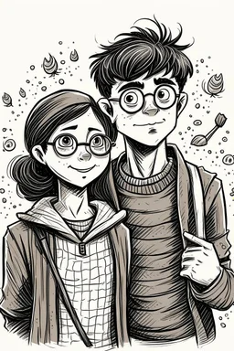 Handdrawn, harry potter style, girl and boy in love