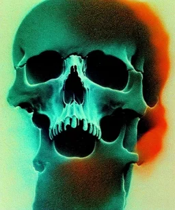 broken realistic skull. black background. smoke and explode. particles in air. teal and orange. abstract. beksinski.