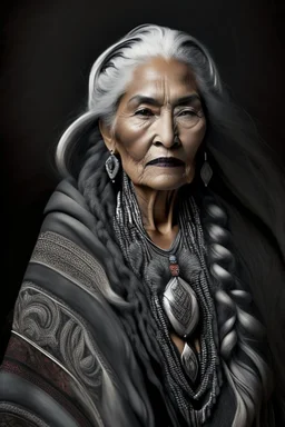 a photo of an Aztec woman with ethnic jewelry, grey hair and grey flowing robe, in style of Annie Leibovitz, contemporary portrait of a mature yet beautiful and modernist woman, black and grey, detailed feminine face, swirling fluid smokey enigma, award-winning artwork