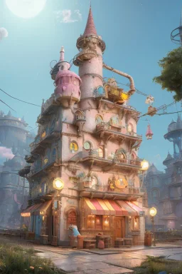 a fairy tale style ice cream factory，full of details, matte painting, concept art, smooth, bright sunshine，by cory loftis and evgeny lushpin and wlop，soft light atmosphere，trending on cgsociety and blender unreal engine，8k, hdr，light effect，rtx on，-h 768