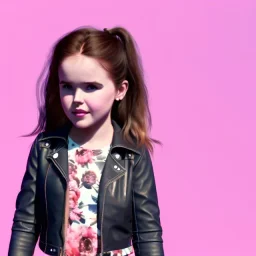 Zoey deutch toddler, full body, leather jacket, floral shirt, floral skirt, shoe, soft skin, city background, dramatic lighting, hyper realistic