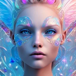 Face Angel crystalline,blond hair, blue eye ,pink , cosmic, opalescent, gemstones, crystals, other worldly,water,bright, ice background, snow lake blue