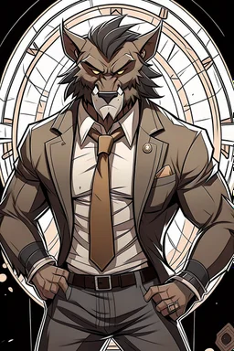 Buff, anthro, wolf, himbo, black fur, gold eyes, wearing a suit, full-body, muscles, strong, muscular, man boobs, bulky, tail, dark fur, smug grin, hands on hips,